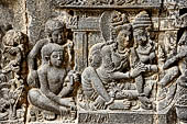 Prambanan - Ramayana reliefs on Shiva Temple. Scene 9 - Dasharatha and Kaikeyi with servants.  